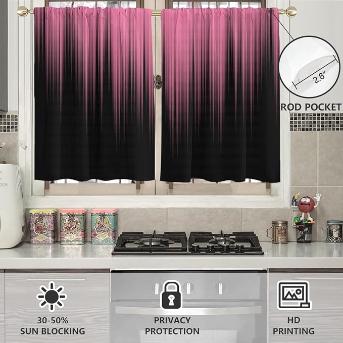 AAtter Pink and Black Kitchen Curtains, Ombre 27.5" W x 36" L, 2 Panels | Gothic Modern Abstract Striped, Cute Preppy Girls Style, Rod Pocket Bathroom Window Drapes, Small Short Tiers for Women