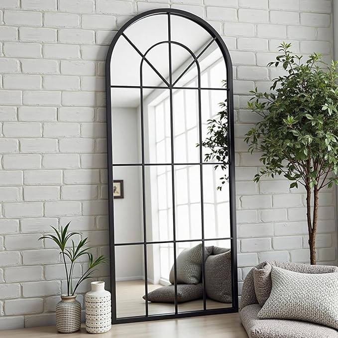 Degfig Arched Full Length Mirror with Grids, 71"X32", Arched Window Pane Wall Mirror, Floor Standing Mirrors, Farmhouse Long Full Body Mirrors Wall Mounted for Living Room, Bedroom, Entryway, Black