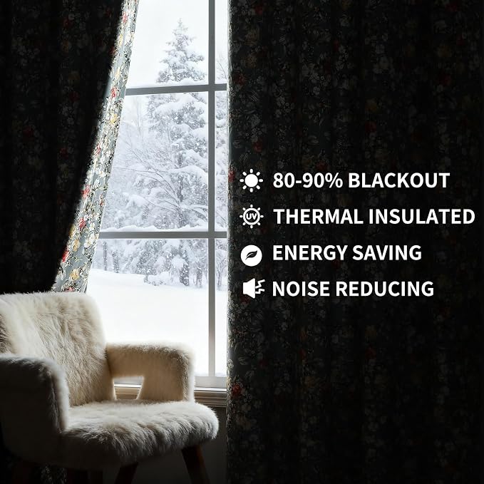 Estelar Textiler Grey Velvet Blackout Curtains 84 inch Long 2 Panels for Living Room,Thermal Insulated Boho Vintage Floral Gray Curtains,Luxury Room Darkening Window Grommet Drapes for Bedroom,52Wx84L
