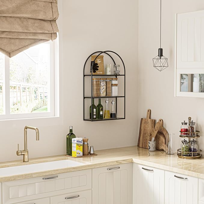 Crofy 3-Tier Arched Wall Shelf with Black Frame & Transparent Shelves | Sturdy Tempered Clear Glass Shelves with Ample Storage Space; Decor for Living Room, Bath, Kitchen, Vanity & Home Office