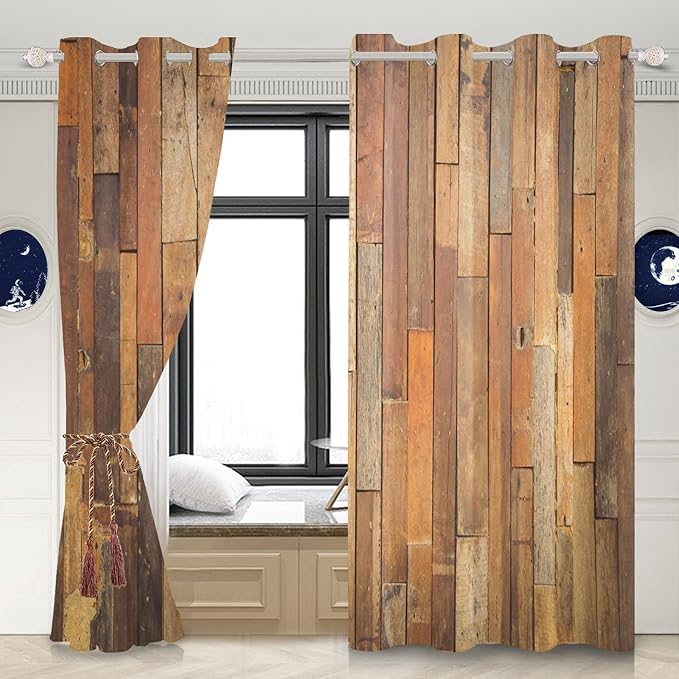 Wooden Curtains Vertical Planks Wooden Window Curtains Rustic Wooden Barn Door Grain Cottage Hardwood Garage Door Bedroom Living Room Window Drapes Decor with Grommets,26x63 inch,2 Panels