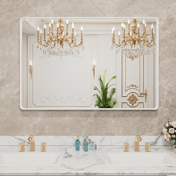 LOAAO 40x30 Inch White Metal Framed Bathroom Mirror for Wall, White Bathroom Vanity Mirror Farmhouse, Large Rounded Rectangle Mirror, Anti-Rust, Tempered Glass, Hangs Horizontally or Vertically