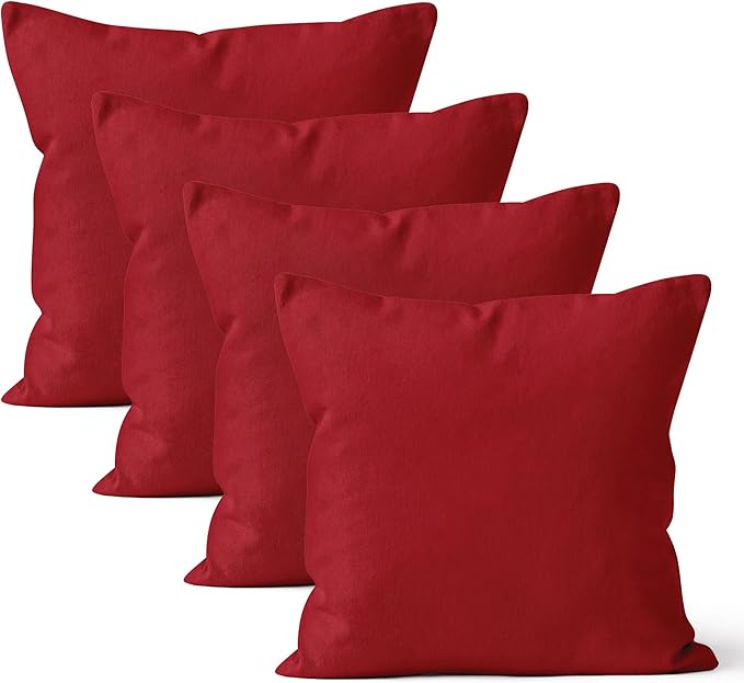 Encasa XO Throw Pillow Covers 24x24 in Set of 4 Deep Red | No Inserts | Cotton Pillow Covers for Living Room, Bed, Sofa, Couch | Decorative Cushion Covers with Improved Zipper