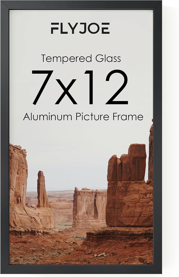FLYJOE 7x12 Metal Picture Frame - Black Aluminum Picture Frames with Real Glass, Wall Mounting Horizontally or Vertically, Simple and Elegant Decor for Wall Gallery Poster Photo 12x7 Frame, Black