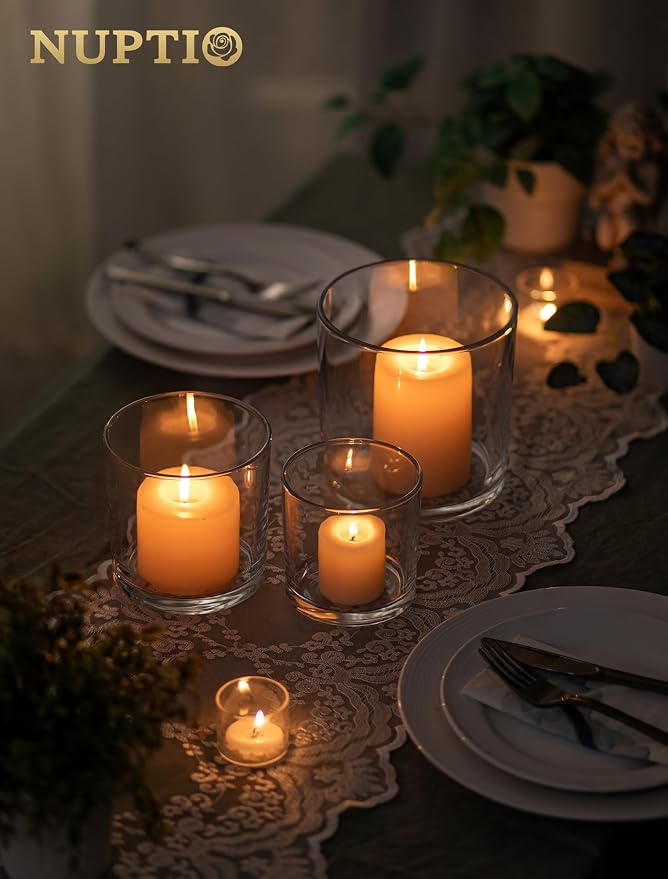 NUPTIO Thick Glass Hurricane Pillar Candle Holders, Set of 3 | Heavy Clear Walls, Wide Low-Profile Cylinders for Easy Use, 3 Graduated Sizes, for Dining Table Centerpiece or Flower Display
