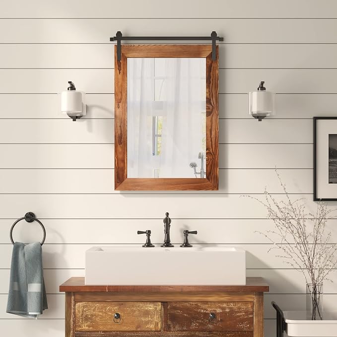 COGOOD Bathroom Mirrors for Over Sink - 26" X 17" Farmhouse Barn Door Wall Mirror for Bathroom, Living Room, Entryway Wall Decorative Brown