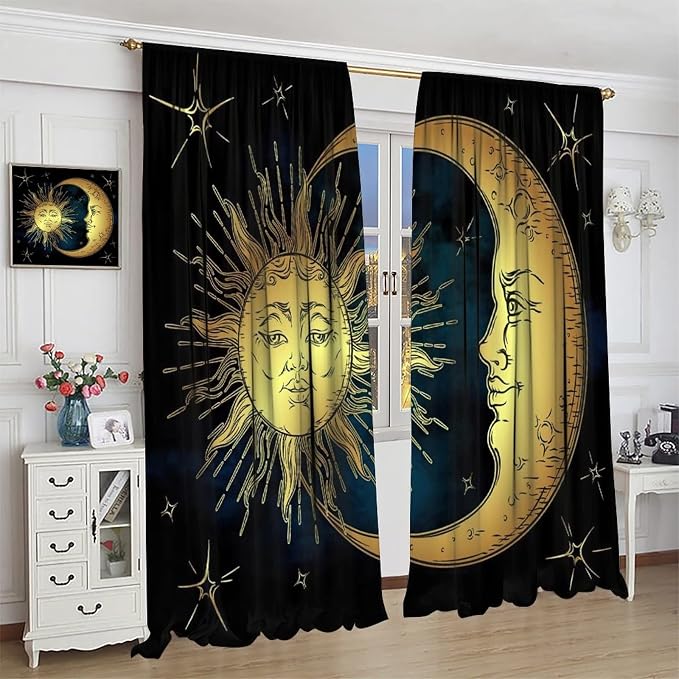Sun Moon Blackout Windows Curtains, Boho Chic Art Golden Sun Moon and Stars Over Blue Black Sky Antique Style Curtains, for Living Room Bedroom 55x63in 2 Panels