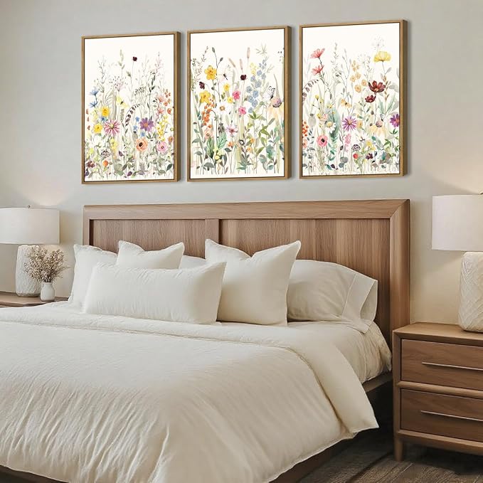 BINCUE Large Framed Floral Canvas Wall Art Colorful Wildflower Pictures Wall Decor Wildflower Artwork Flowers Pictures Floral Home Decor for Living Room Bedroom Office Farmhouse 16x24 Inches Set of 3 Gift