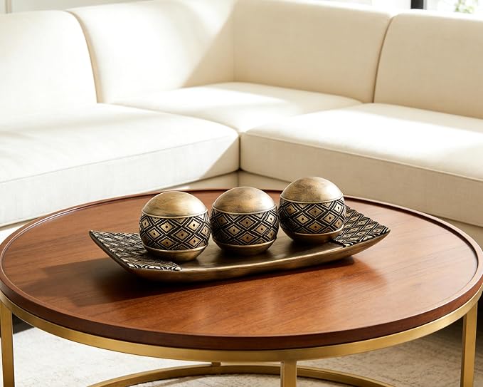 Vintage Decorative Orbs with Tray Set, 3Pcs Resin Decorative Balls with Tray, Modern Accent Sphere for Coffee Table, Dining Table, Living Room, Entryway