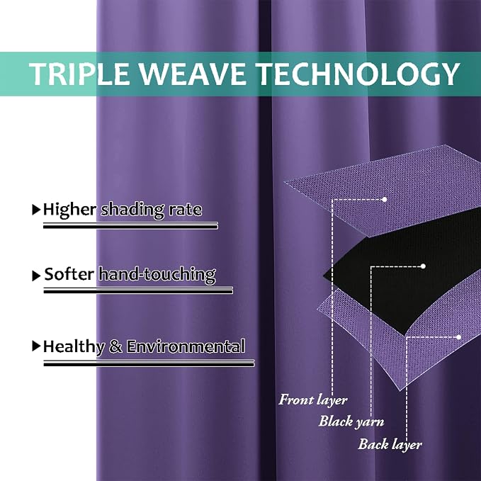 NICETOWN 100% Blackout Short Curtains with Black Liners, 2 Panels, 37"W by 40"L, Lilac Purple, Solid Thermal Insulated Full Blackout 2-Layer Lined Drapes, Energy Efficiency Window Drapes for Bedroom