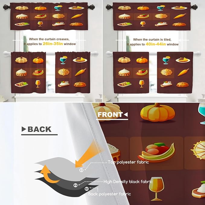 Shrahala Happy Thanksgiving Day Blackout Curtain Tiers, Pumpkin Turkey Bird Leaves Kitchen Valance Light Blocking Tier Drapes with Rod Pocket, 2 Pack 26 X 24 in