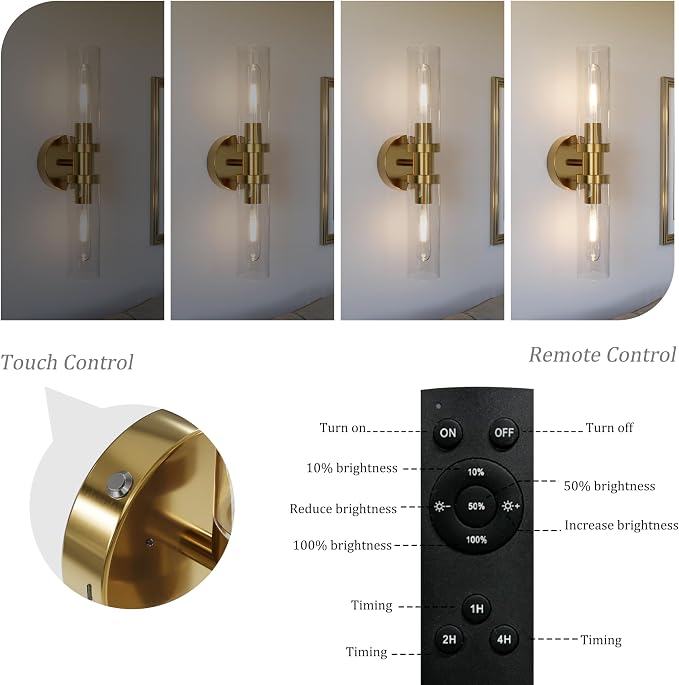 Rayogale Glass Battery Operated Wall Sconce Set of 2, Rechargeable Wireless Wall Lights Remote Control, 8000mAh Not Hardwired Timer Dimmable Wall Lamps for Living Room Bedroom Entryway Gold 16.5 Inch