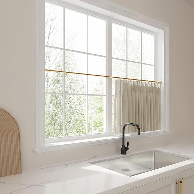 TWOPAGES 26" W x 24" L Linen Blend Cafe Curtains for Kitchen Window, Light Filtering Pinch Pleated Tier Curtains, Modern Farmhouse Half Window Curtains for Bathroom, Burlywood Birch, 2 Panels