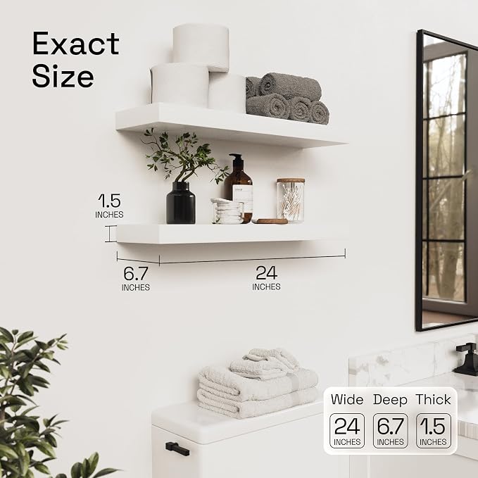Solid Wood Floating Shelves for Wall 24 Inch White, Wooden Bathroom Shelf | Real Wood, Wall Mounted, Bedroom Kitchen Living Room, Thick, Heavy Duty, Farmhouse, White Finish, 24W x 6.7D, Set of 2