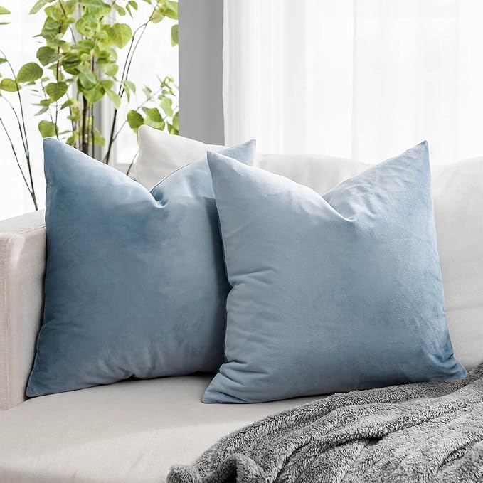 Decorative Velvet Throw Pillow Covers for Couch Sofa Bedroom,Soft Solid Cushion Covers Set of 2,14x14 inch,Light Blue