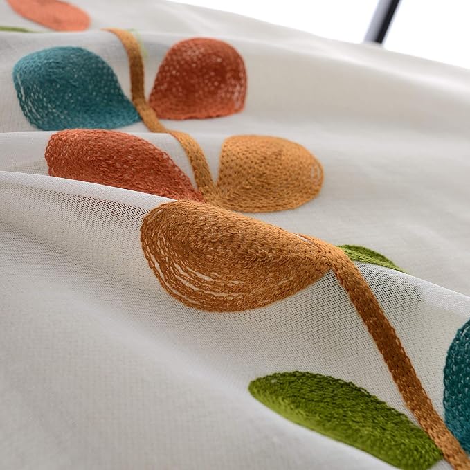 VOGOL Sheer Curtains 96 Inches Long, Colorful Leaves Embroidered Semi Sheer Rod Pocket Drapes for Living Room/Bedroom, 52 X 96, 2 Pieces