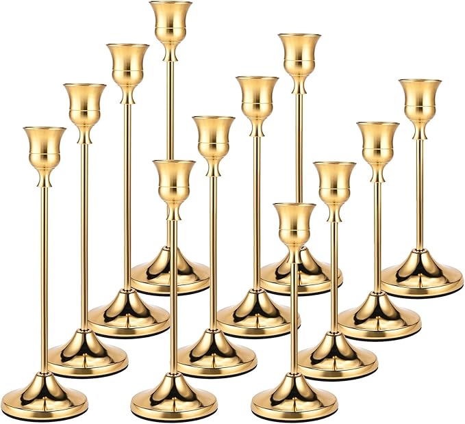 Brass Gold Candle Holders Set of 12, Metal Taper Candlestick Holders in 3 Heights - Vintage Candle Stick Holder Brass Decor - Candle Holder Centerpieces for Wedding Table Home Christmas Decoration