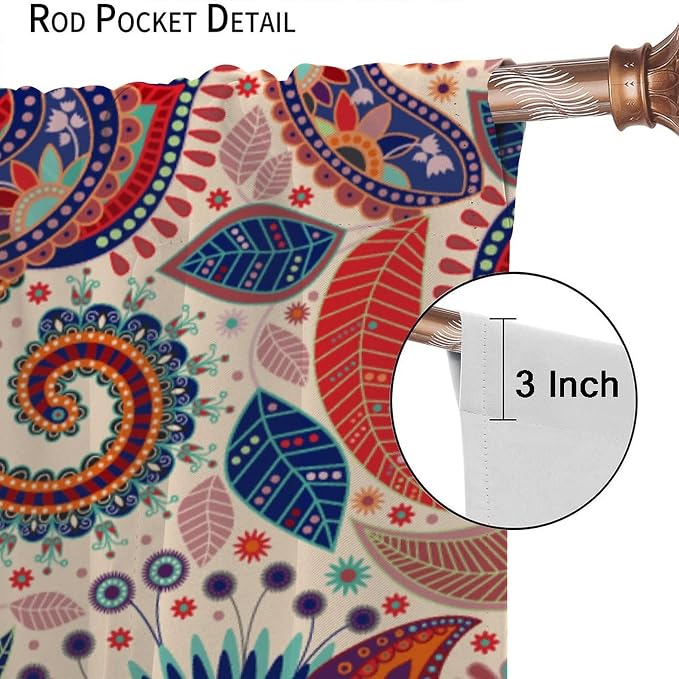 Boho Decorative Curtains Bedroom Living Room Rod Pocket Curtains, Vintage Boho Grill Floral Pattern 2 Panel Set, 63x72 in.