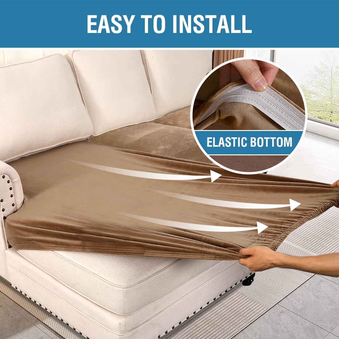 H.VERSAILTEX Velvet Stretch Sectional Couch Covers 3 Pieces Sofa Seat Cushion Covers L Shape Separate Cushion Couch Cover for Both Left/Right Sectional Couch (Large Sofa 2 Seater + 1 Chaise, Camel)