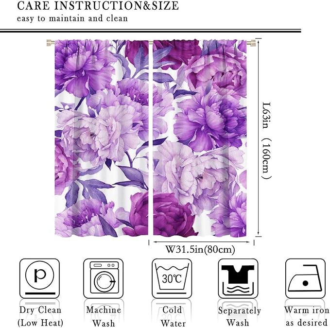 Floral Blackout Window Curtain Purple Blooming Flowers Style Print for Home Kitchen Restaurant Decoration Drapes 2 Panels 63x63in