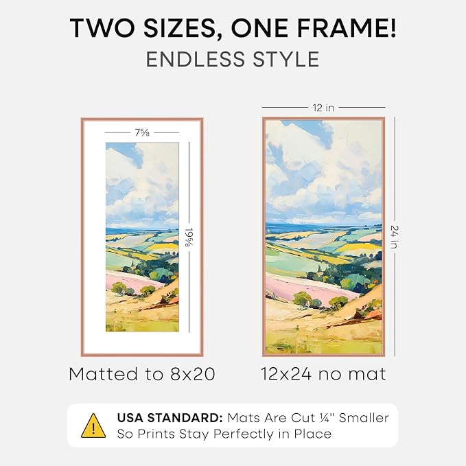 Homeforia 12x24 Rose Gold Picture Frame, High End Metal 12x24 Poster Frames with Mat 8x20 Photo, 12 x 24 Rose Gold Frame Matted to 8 x 20 Art, 24x12 Panoramic Frame, Tempered Glass, Wall Kit, Set of 1