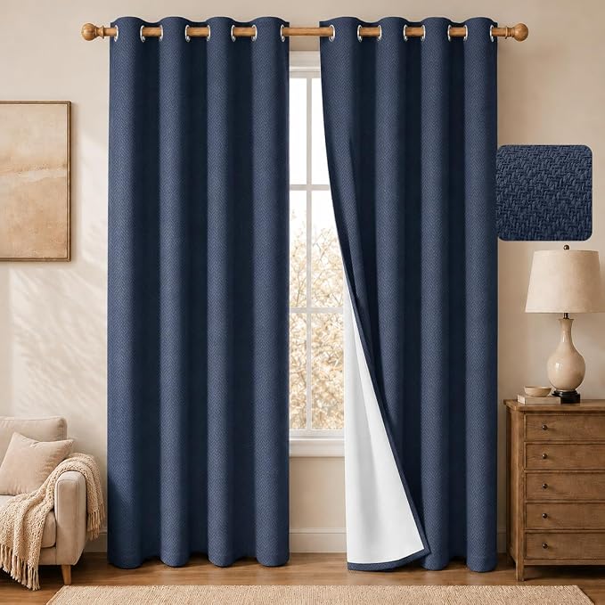 2 Panels 100% Blackout Linen-Textured Curtains, Thick Thermal Insulated Grommet Drapes with Subtle Herringbone Weave, Luxury Decor for Bedroom/Living Room, 54 x 108 Inches, Navy