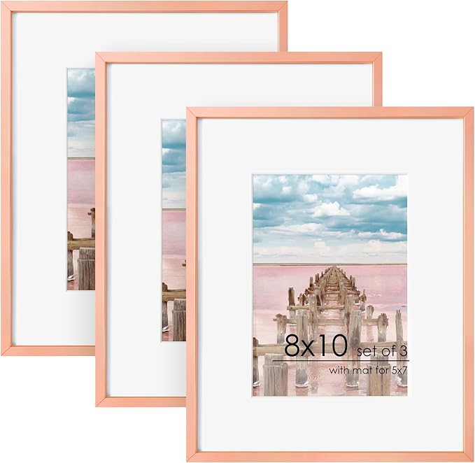 FLYJOE 8x10 Picture Frame - 8 by 10 Metal Picture Frame With Mat | 8 x 10 Aluminum Photo Frame | Plexiglass And Hanging Hardware Included | 8x10 Gold Frame | Set of 3, Rose Gold
