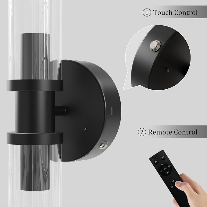 Rayogale Black Wireless Battery Operated Wall Sconces with Remote Control | Glass Rechargeable Wall Lights Set of 2 with Timer Function Dimmable for Living Room Bedroom Emergency 3000K, 20.5 Inch