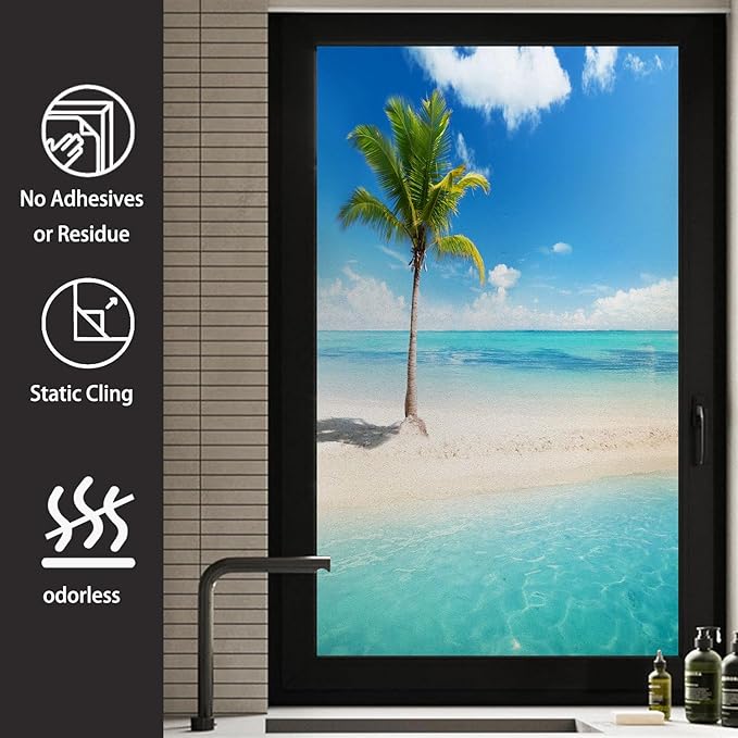 Decorative Window Privacy Film, Heat Control Sun Blocking UV Protection, Ocean Beach Design Static Cling, Non Adhesive Windows Tint for Home Kitchen Office 60x60cm/23.6x23.6in
