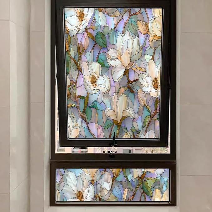 Elegant Floral Plants Stained Glass Window Film, Classic Magnolia Blossoms Peel and Stick Privacy Film, Frosted Adhesive Vinyl Decorative for Bathroom Windows Glass Doors, 31.5Wx47.2L inch