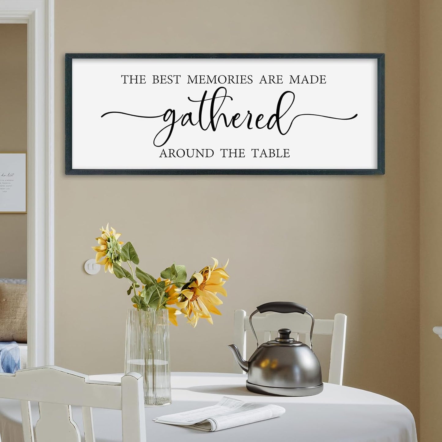SRSZHIYUE The Best Memories Are Made Gathered Around The Table Sign Wall Decor Art 32"×12" for Kitchen Dining Room Large Wood Framed Wall Hanging (Black)