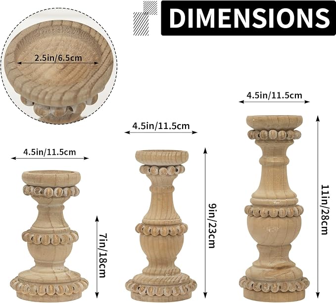 Farmhouse Wooden Candle Holders for Pillar Candles, Set of 3 Vintage Wooden Beaded Candle Holder, Tall Candle Stand Decorative for Living Room, Table Centerpiece (Natural)