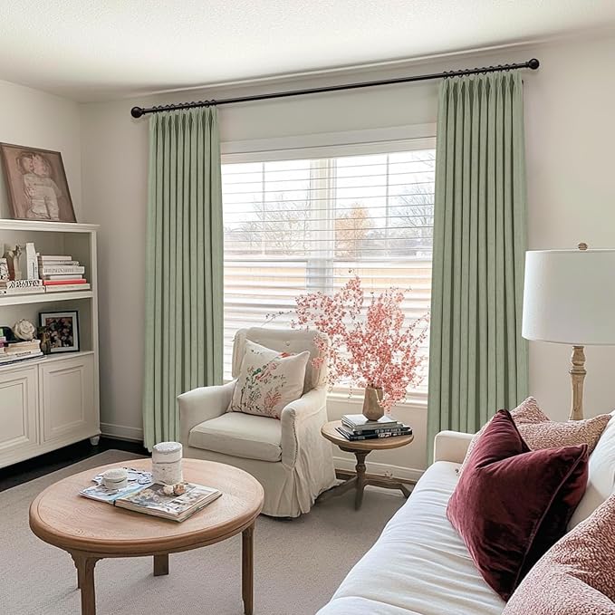 100% Blackout Shield Linen Look Textured Pinch Pleated Curtains Blackout Drapes 84 Inch Long 2 Panels Set, Sage Green Blackout Curtains for Bedroom & Living Room, 40" W x 84" L