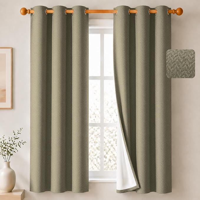 2 Panels 100% Blackout Linen-Textured Curtains, Thick Thermal Insulated Grommet Drapes with Subtle Herringbone Weave, Luxury Decor for Bedroom/Living Room, 37 x 63 Inches, Taupe
