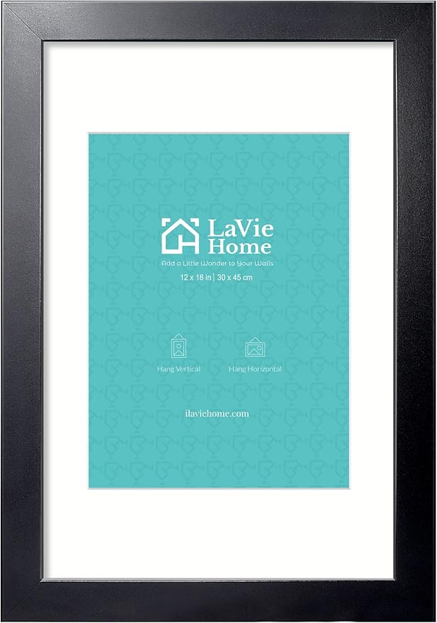 LaVie Home 12x18 Picture Frame Black Poster Frame,Display Pictures 9x12 with Mat or 12x18 Without Mat, Stable and Sturdy Frame and Polished Plexiglass, Horizontal and Vertical Format of The Walls