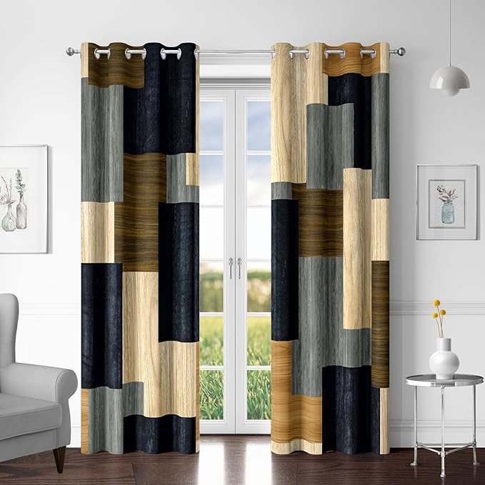 Tyrot Wood Print Retro 100% Blackout Curtains for Bedroom 84 inch Long 2 Panels Set Modern Abstract Geometric Black Out Curtains Insulated Room Darkening Window Drapes for Living Room, 52Wx84L