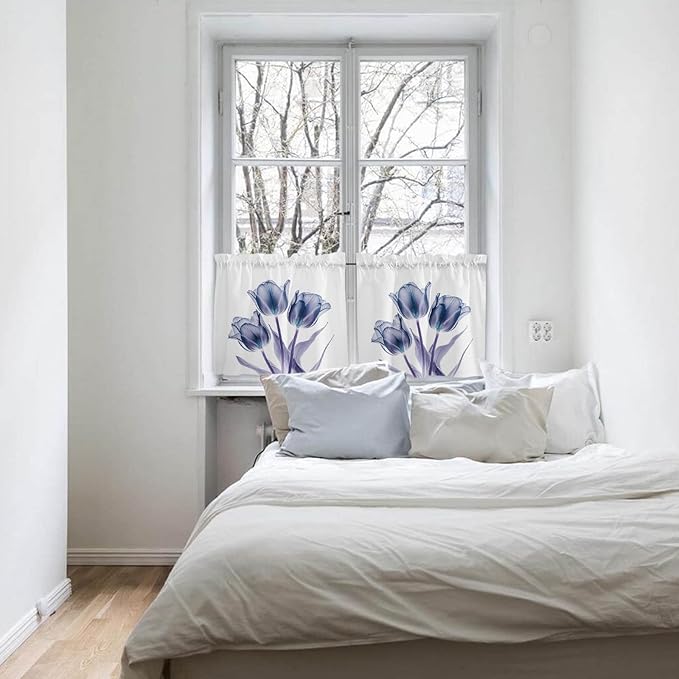 Kitchen Tier Curtains 36 inches Long, Abstract Transparent Flower Tulip Blue Purple Window Curtains for Living Room Bathroom,Rod Pocket Light Filter Drapes Short Half Window Treatment Tiers 2 Panels