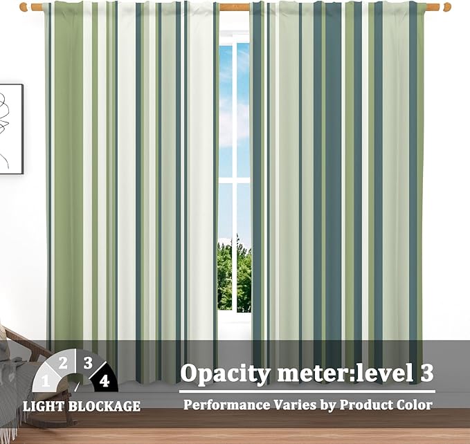 Renaiss 42 x 63 Inch Green Stripe Linen Kitchen Curtains Rod Pocket Window Treatment Tier Decor Curtain for Living Room Bathroom Cafe Small Window Farmhouse Rustic Pinstripe Window Drapes 2 Panels