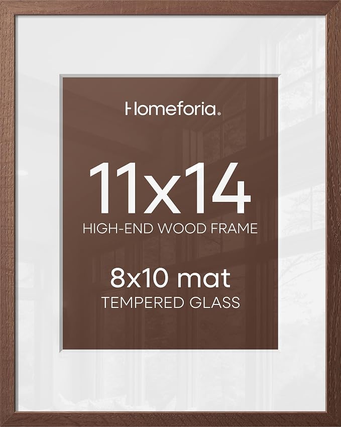 Homeforia 11x14 Brown Picture Frame, High End Dark Oak 11x14 Walnut Poster Frame with Mat 8x10, 11 x 14 Wooden Frame Matted to 8 by 10 inch Photo, 14x11 Thin Frames, Tempered Glass, Wall Kit, Set of 4