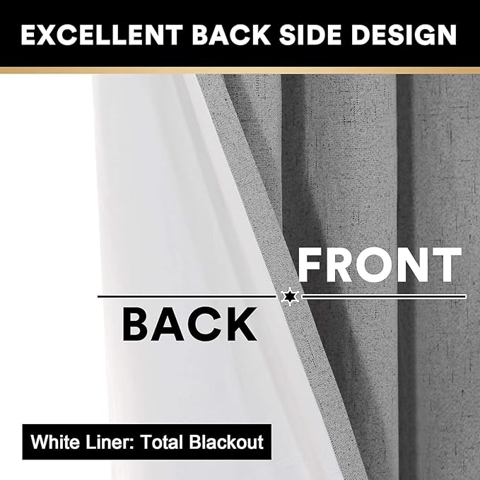 PrinceDeco 100% Blackout Curtains 90 inches Long for Bedroom Dining Room Soundproof Window Treatment Drapes with White Liner Noise Reducing Linen 90 Inch Blackout Curtains，Light Grey，52 x 90 Inch