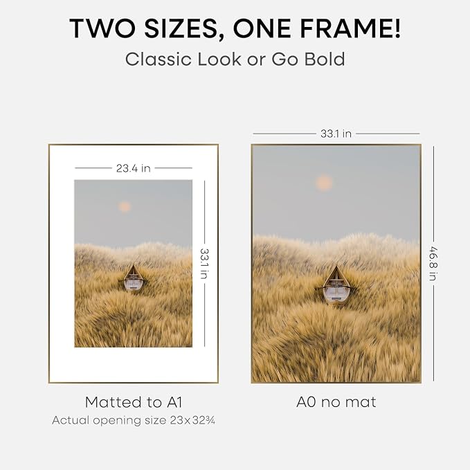 Homeforia A0 Poster Frame Bronze, High End Metal 33.1 x 46.8 inch Large Picture Frames with Mat for 23.4 x 33.1 Photo, A0 Size Brass Frame Matted to A1 Print, 33.1x46.8 Frame, Tempered Glass, Set of 2