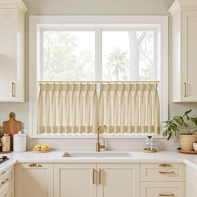 TWOPAGES 26" W x 18" L Linen Blend Cafe Curtains for Kitchen Window, Light Filtering Pinch Pleated Tier Curtains, Modern Farmhouse Half Window Curtains for Small Window, Khaki Yellow, 2 Panels