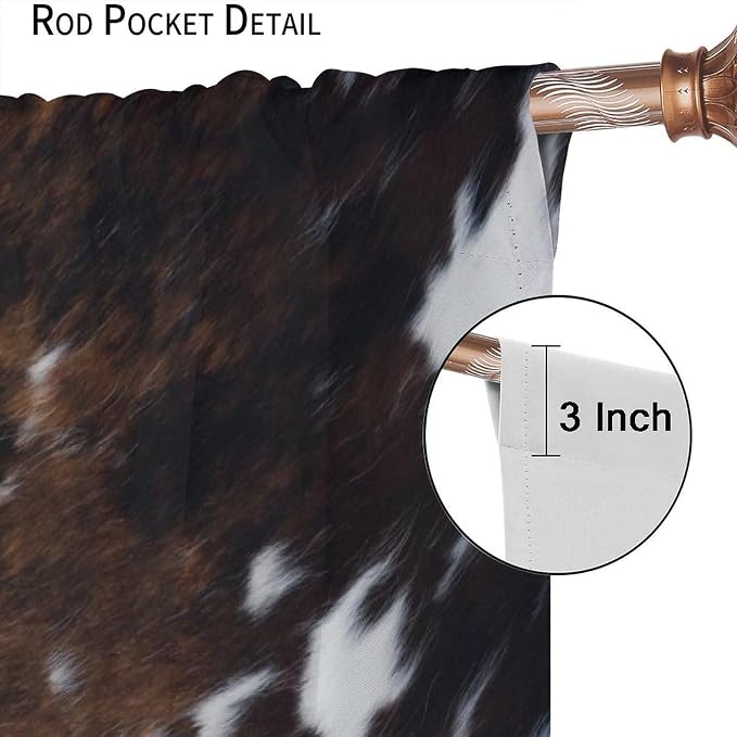 Cow Print Blackout Curtain,Brown White Cowhide Animal Fur Western Rustic Farmhouse Style Window Treatments Rod Pocket Curtain for Bedroom Living Room Kitchen Decor Drapes 55x63in