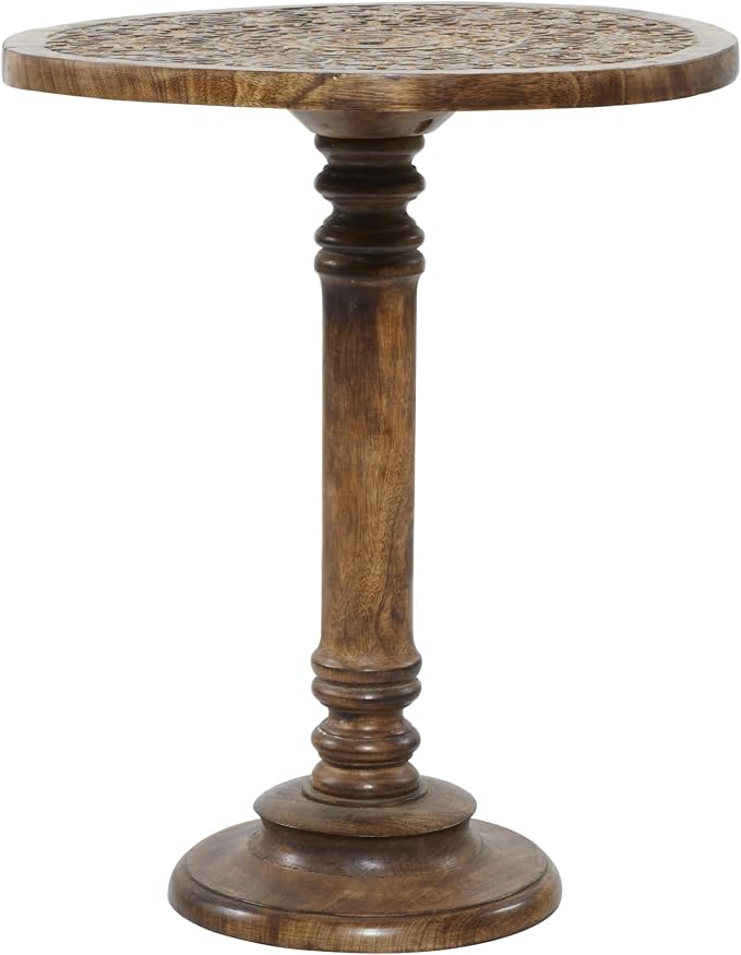 Deco 79 Mango Wood Floral Handmade Side End Accent Table Intricately Carved End Table with Turned Base, Side Table 17" x 17" x 21", Dark Brown