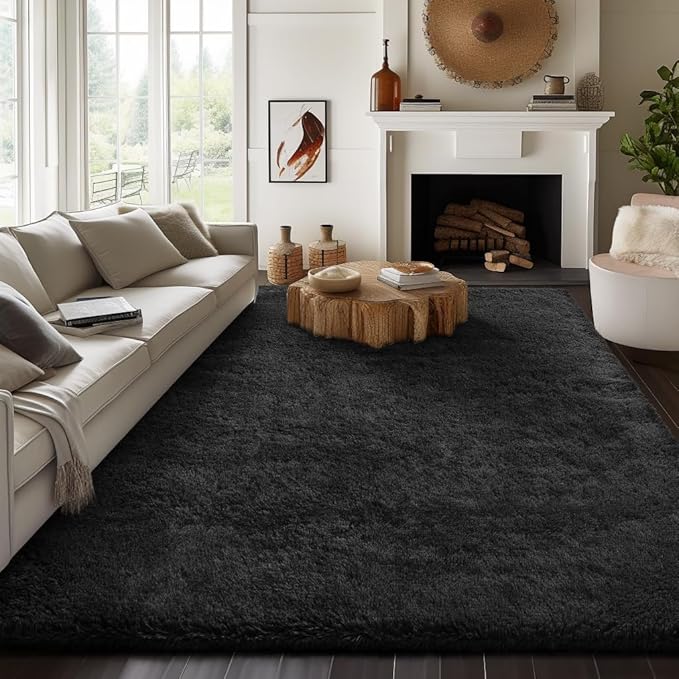 Ophanie 7x10 Black Area Rugs for Living Room,Large Shag Bedroom Carpet,Big Indoor Thick Soft Shaggy Nursery Rug,Fluffy Carpets for Boy and Girls Room Dorm Decor Aesthetic with Over 99 pcs Pile fibers