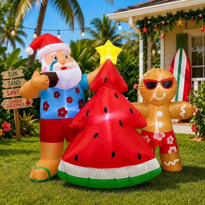 5.7FT Christmas in July Santa Inflatable Outdoor Decoration, Hawaiian Santa with Watermelon Tree and Gingerbread Man, Pre-Lit Blow Up Christmas Yard Decor with LED Lights for Lawn Garden