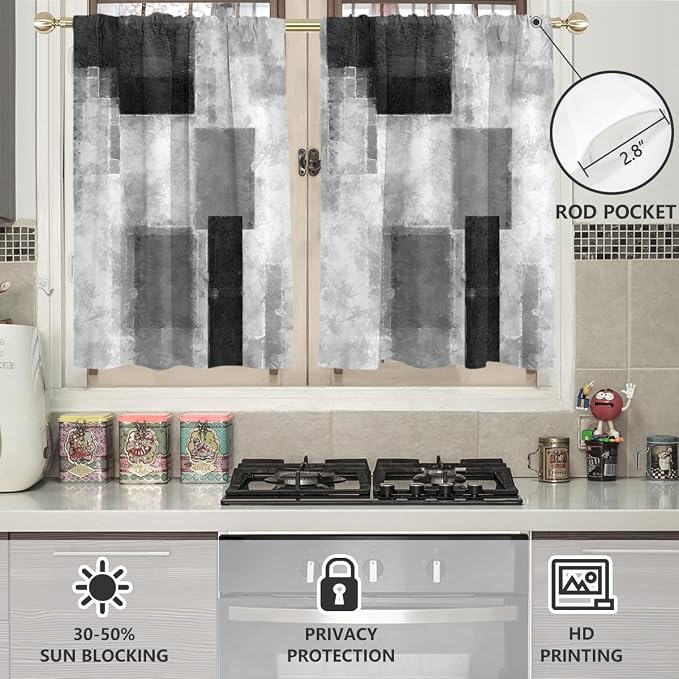 AAtter Black Grey and White Window Curtains for Kitchen Gray Art Abstract Aesthetic Small Short Home Living Room Bedroom Bathroom Drapes Treatment Tiers Fabric 1 Pair, 27.5" W x 36" L, Modern