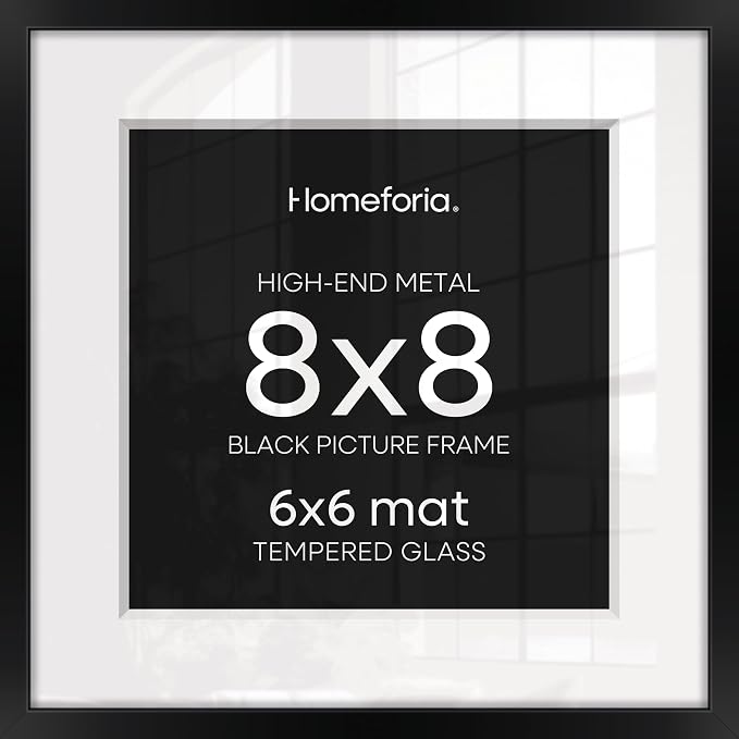 Homeforia 8x8 Black Picture Frame, High End Metal 8 x 8 Square Photo Frames with Mat 6 by 6, 8x8 Poster Frame Matted to 6x6 inch Print, 8by8 Wall or Tabletop Frames, Tempered Glass, Wall Kit, Set of 2