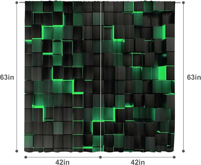 MESHELLY Abstract Black Green Curtains 42Wx63H Inch Rod Pocket Modern Geometric Cubes 3D Gradient Design Futuristic Bedroom Window Drapes Minimalist Man Boys Printed Living Room Window Treatment