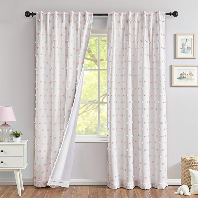 MYSKY HOME 100% Blackout Curtains for Girls Bedroom 90 Inch Long Total Light Blocking Curtains for Living Room 2 Panels Room Darkening Back Tab Double Layer Drapes with Pink Pom Pom Sheer 52W x 90L